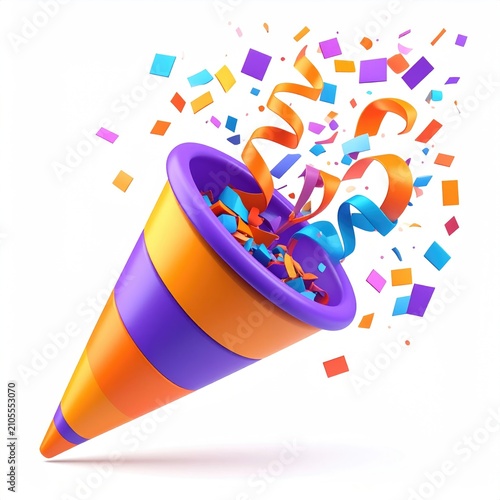 Festive party popper exploding with colorful confetti and streamers