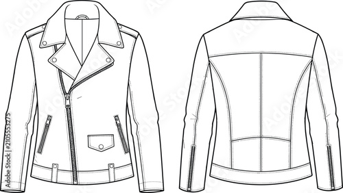 Fotografie Fashion technical sketch of a women leather biker jacket featuring front and bac