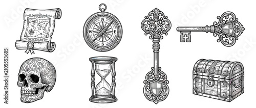 Canvastavla Vintage Treasure Hunt Icons: Scroll, Compass, Key, Skull, Hourglass