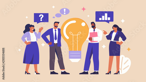 diverse business team collaborating with glowing lightbulb vector illustration people group work idea innovation thought speech bubble chart question mark exclamation point professional