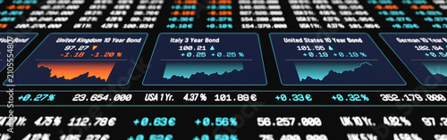 Картината върху платно Bond market trading screen, government bond interest rates, charts, prices, stock market theme