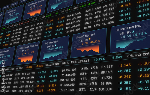 Obraz na płótnie Global bond market trading screen, government bond interest rates, charts, prices, stock market theme