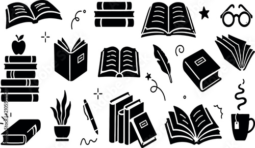 Obraz na płótnie Hand-drawn Book and Reading Vector Icons Set - Black and White Silhouette Doodles of Open Books, Stacks, Glasses, Quill, and Tea Mug for Education, Library, and School Projects Design