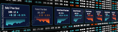 Obraz na plátně Global bond market trading screen, government bond interest rates, charts, prices, stock market theme