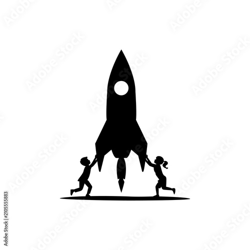 Vector graphic of a simple silhouette illustration of a boy and a girl pushing something giant. This vector is perfect for wallpapers, templates, banners, stickers, decorations and branding etc.