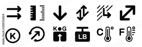 Measurement tool icon set with ruler, tape measure, caliper, scale, and dimension symbols for construction and architecture