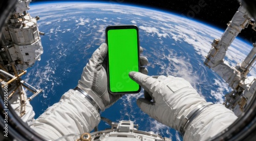 Astronaut man in space suit holding smartphone with green screen. Earth view from international space station. Concept of futuristic mobile communication and technology in outer space exploration.