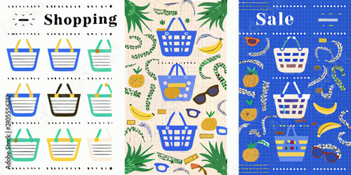 Tableau sur toile shopping baskets and sale items colorful vector illustration art market goods fr