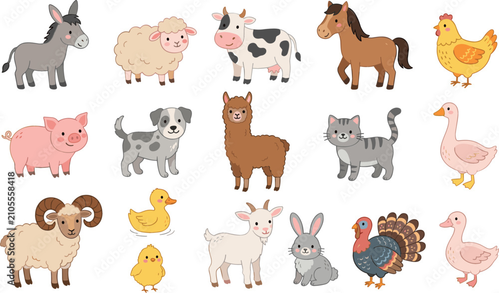 Fototapeta premium Cute cartoon farm animals vector set with cow, horse, sheep, pig, alpaca, goat, chicken, duck, and rabbit for children graphic design element icons