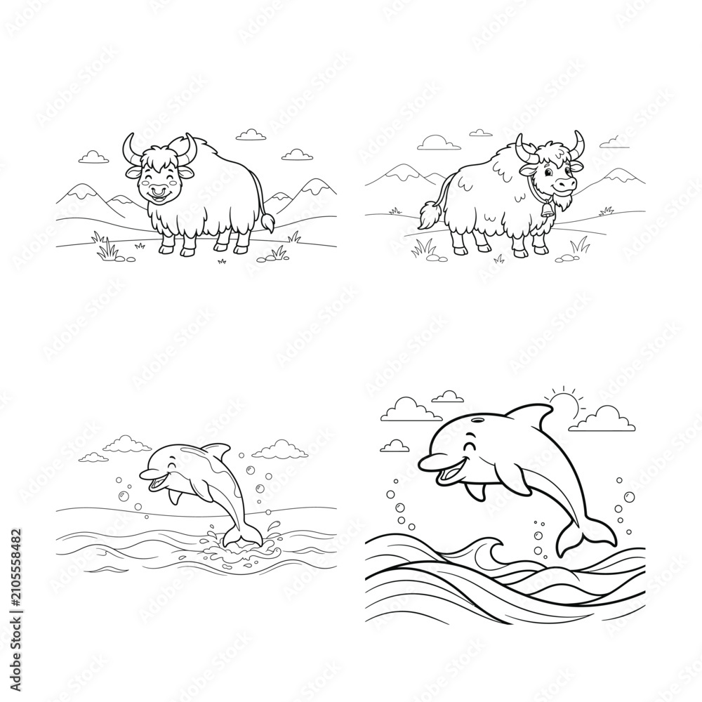 Obraz premium Animal color page for kids bison and dolphin outlines for coloring and creative expression