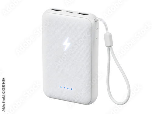 White portable power bank with wrist strap isolated on transparent background