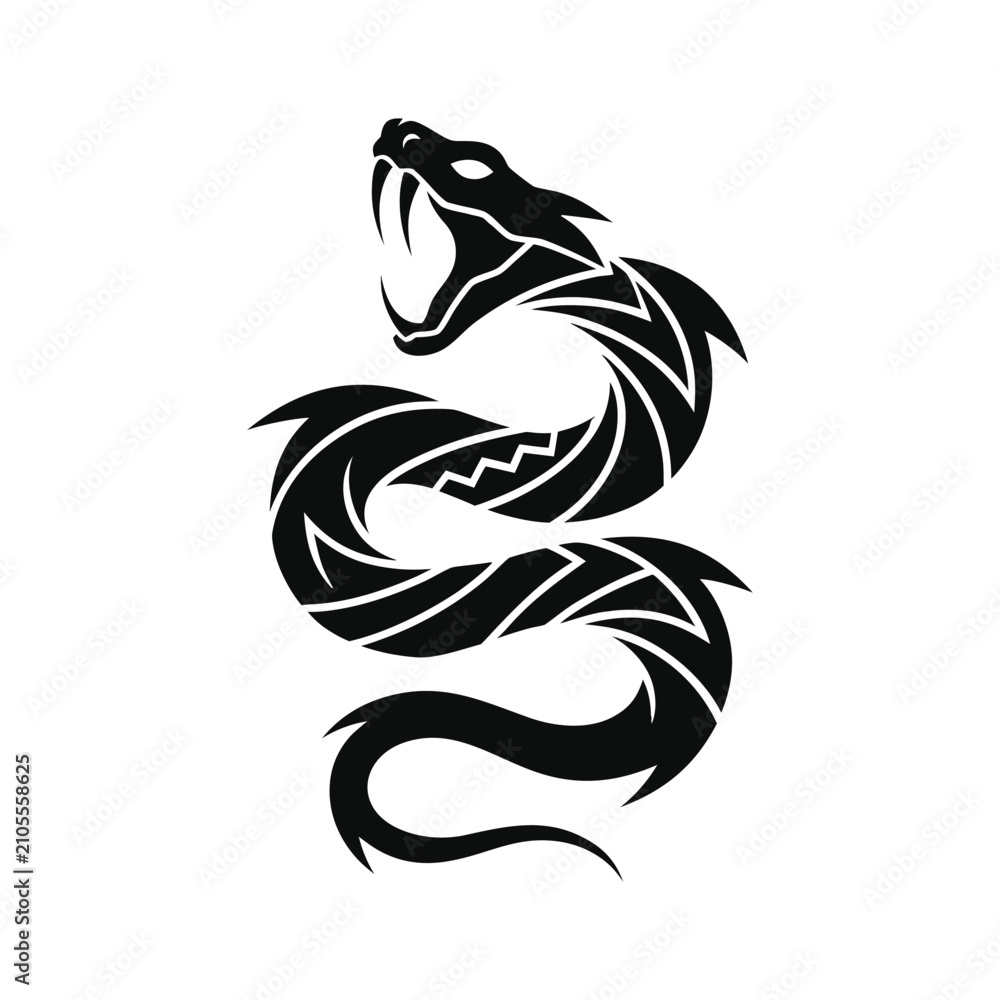 Obraz premium Tribal black snake emblem with open mouth and fangs stylized serpent design with stylized black serpent coiled ready strike, sharp fangs bared, illustration, aggressive, background, art