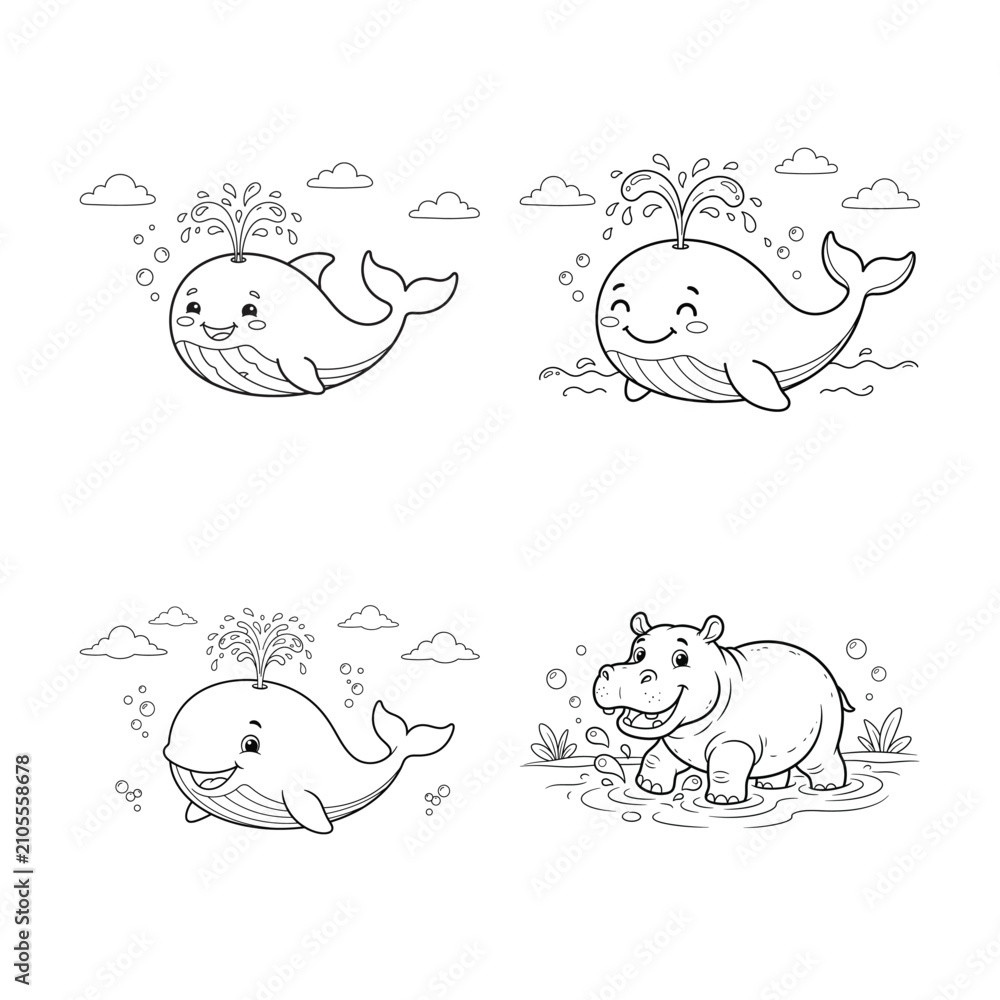 Fototapeta premium Whale and hippopotamus color page for kids black and white line art illustration