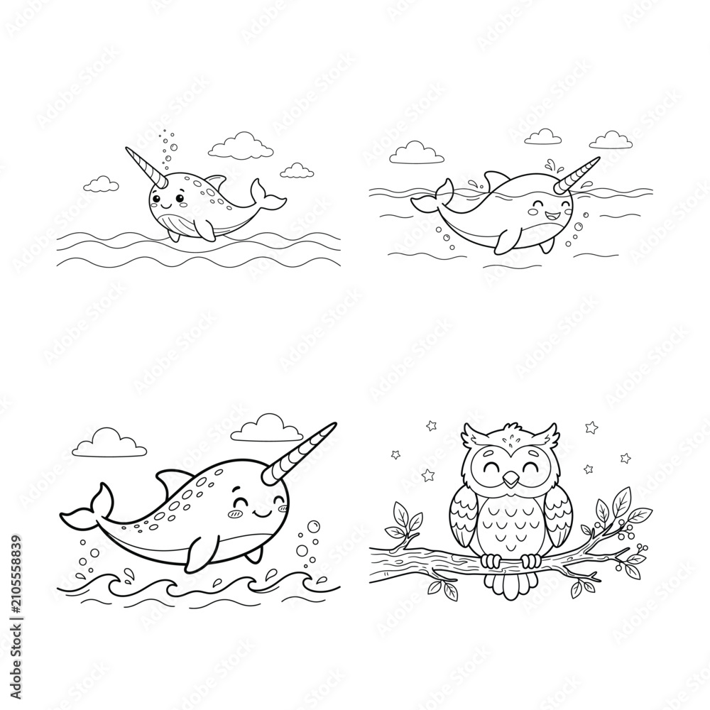 Obraz premium Narwhal and owl color page set adorable ocean and forest animals for kids coloring activities