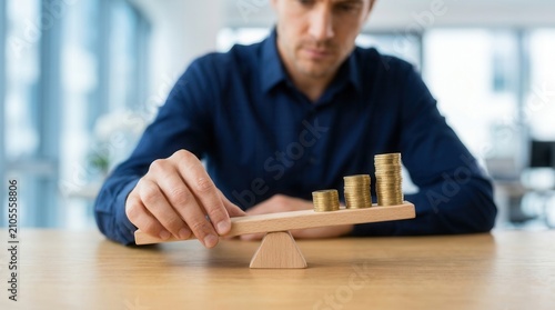 A person balancing money leverage and inflation on a wooden scale.