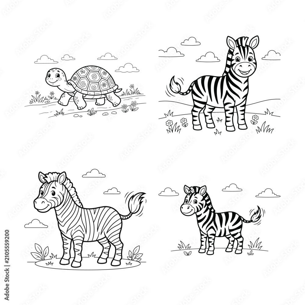Fototapeta premium Zebra and turtle color page engaging animal coloring activity for kids and toddlers