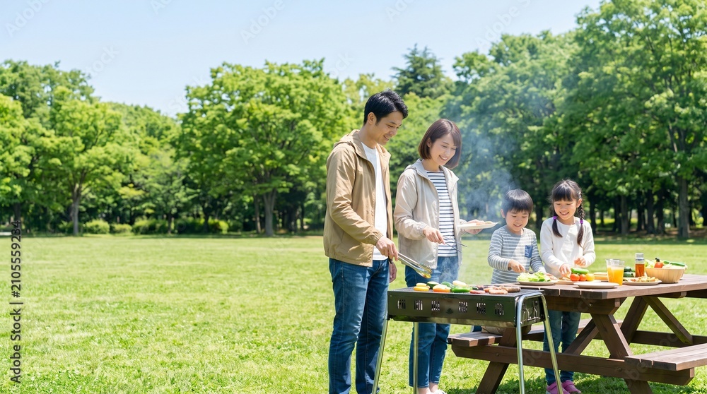 Obraz premium A realistic Japanese family enjoying a barbecue together at a spacious green park on a sunny weekend. Parents in their early 30s and two elementary school-aged children wearing casual outdoor clothing