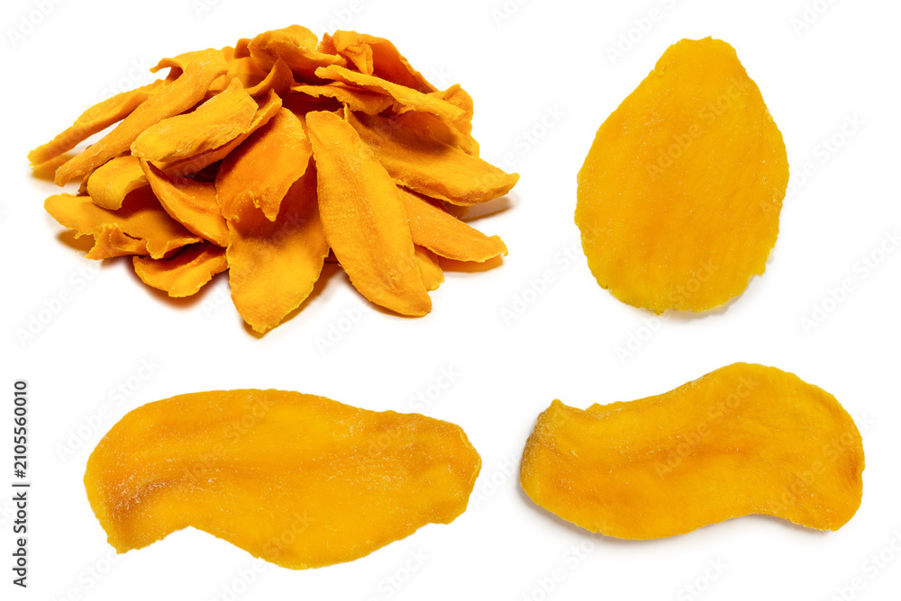 Naklejka premium Dry tasty mango slices isolated on a white background.