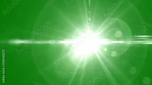 Vibrant white light flashes and rhythmic camera lens flares flickering across a solid chroma key green screen background for video editing