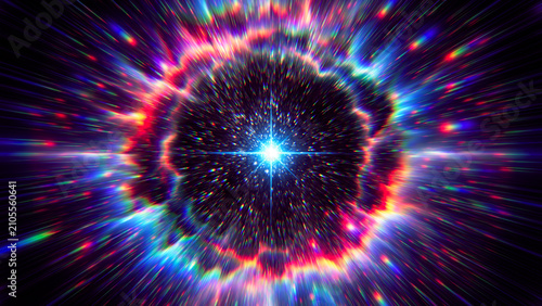 Supernova explosion in deep space. Epic stellar explosion bursts through endless space. Massive shockwave radiates glowing energy shell. Flight to the stars at the speed of light. Big bang. 3d render