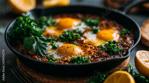 Shakshuka eggs poached in tomato sauce with herbs in skillet shakshuka breakfast