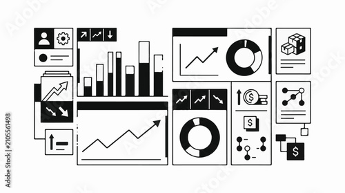 Diverse business analytics icons charts graphs financial data and workflow