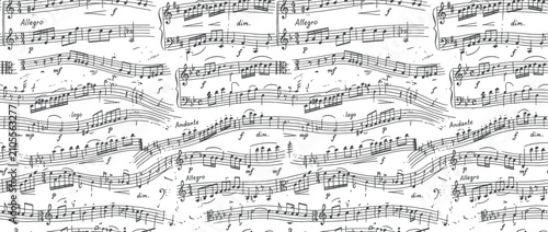 Tableau sur toile Handwritten musical score notes pattern seamless background