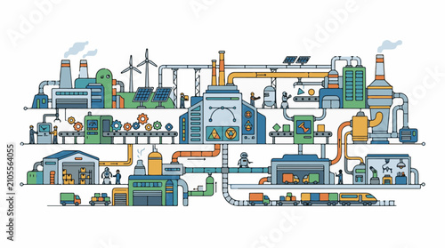 Diverse automated factory with workers robots and renewable energy sources