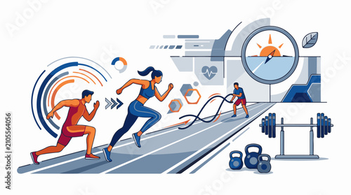 Diverse athletes train race and lift weights on a track with graphics