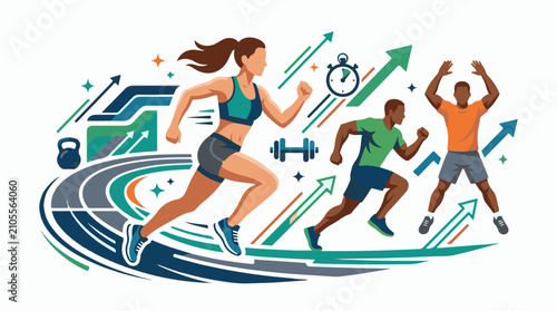 Diverse athletes sprint forward with abstract upward growth graphics