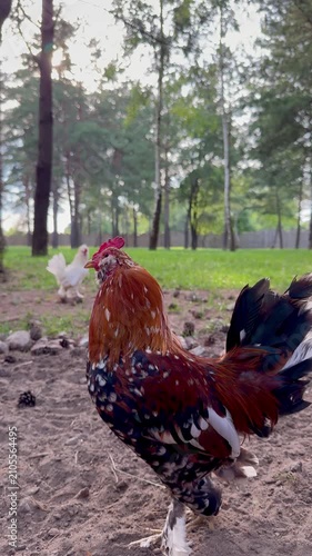 A full-body video of a rooster standing and cleaning its feathers. The rooster pecks and smooths its plumage with its beak. The feathers are colorful and shiny. The bird looks healthy and calm