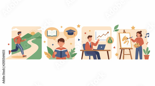 Diverse activities running studying working and painting