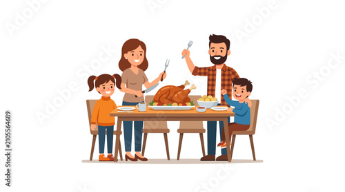Happy Family Enjoying Thanksgiving Dinner With Roasted Turkey