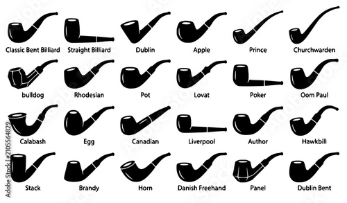 Photography Black Smoking Pipe Silhouette Vector Set with Classic Tobacco Pipe Icons Isolate