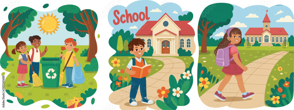 Fototapeta premium Back to school children vector illustration set with characters reading, walking, and recycling garbage outdoors