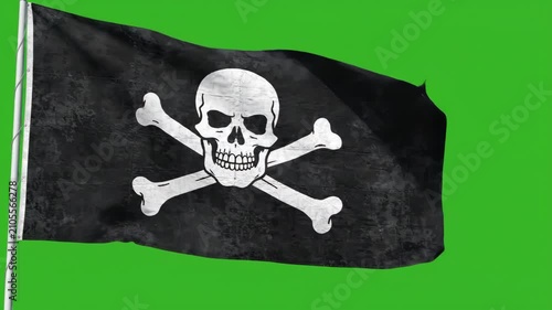 Waving black pirate flag with white skull and crossbones icon isolated on chroma key green screen background for video editing