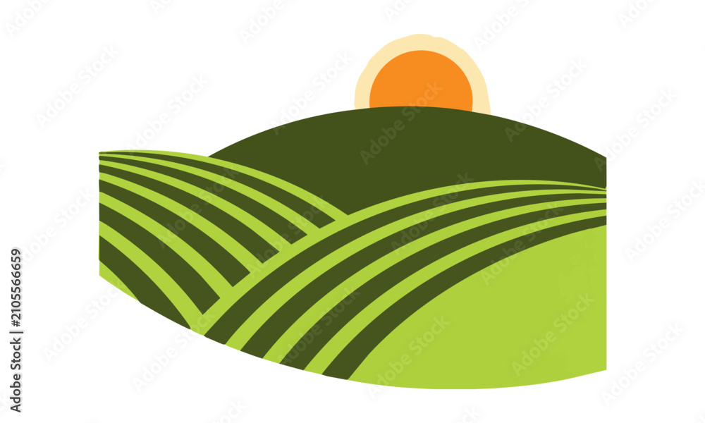 Obraz premium Minimalist icon of a vineyard landscape with parallel rows of grapevines and a rising sun on a hill isolated on a white background nature and agriculture concept