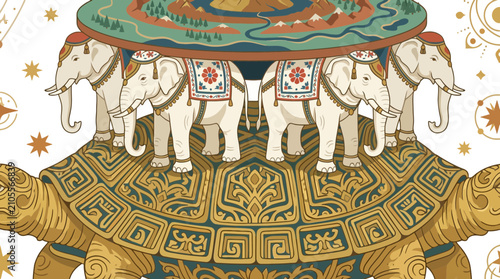 Ancient hindu cosmology vector with elephants on a world turtle