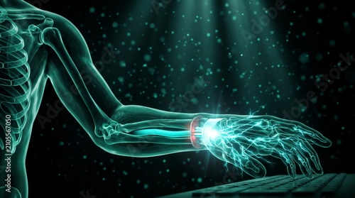 Síndrome del túnel carpiano, compresión del nervio mediano en la muñeca (vista en sección transversal), ilustración anatómica médica en 3D de una mano al escribir.
