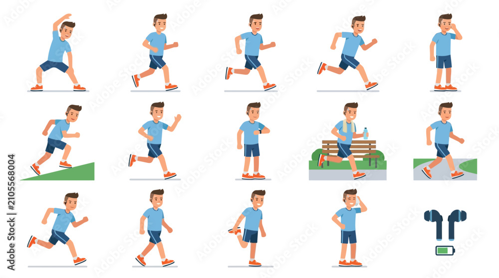 Fototapeta premium Flat vector male character set performing various fitness activities running and stretching
