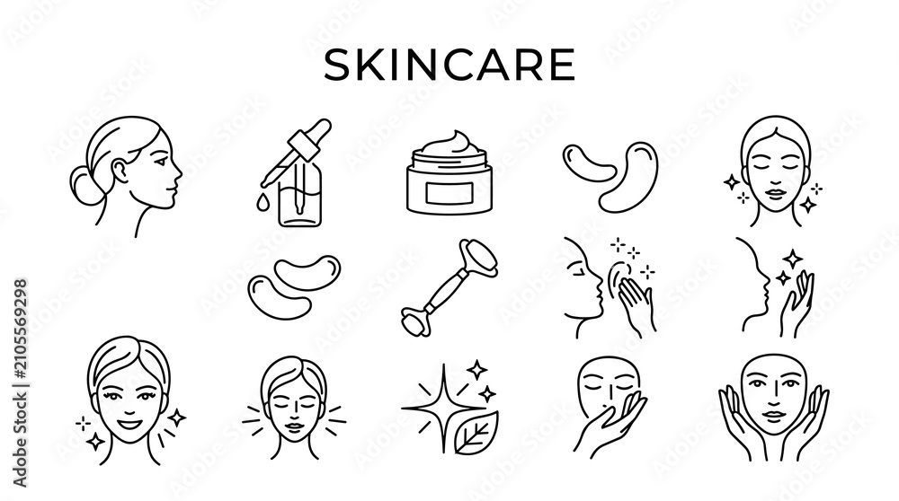 Fototapeta premium Skincare and Facial Beauty Routine Outline Icon Collection in Minimal Monoline Cosmetic Line Art Style Vector Illustration Set