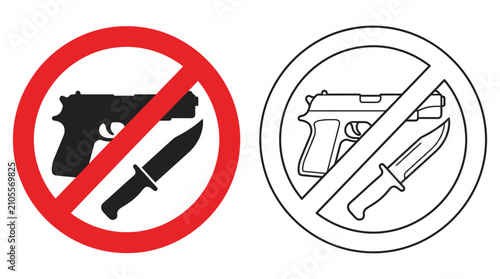 Firearm And Knife Prohibition Sign Red Circle And Slash Silhouette