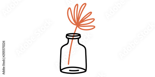 Schilderij op canvas Simple line art drawing of a single orange plant leaf inside a small glass vase