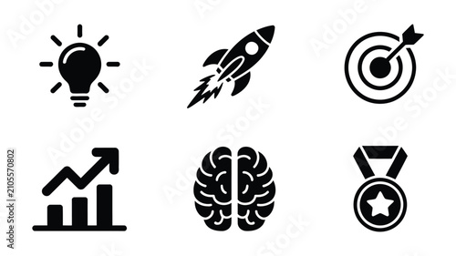 Business success icons showcasing black silhouette symbols for corporate achievement teamwork leadership innovation and career advancement