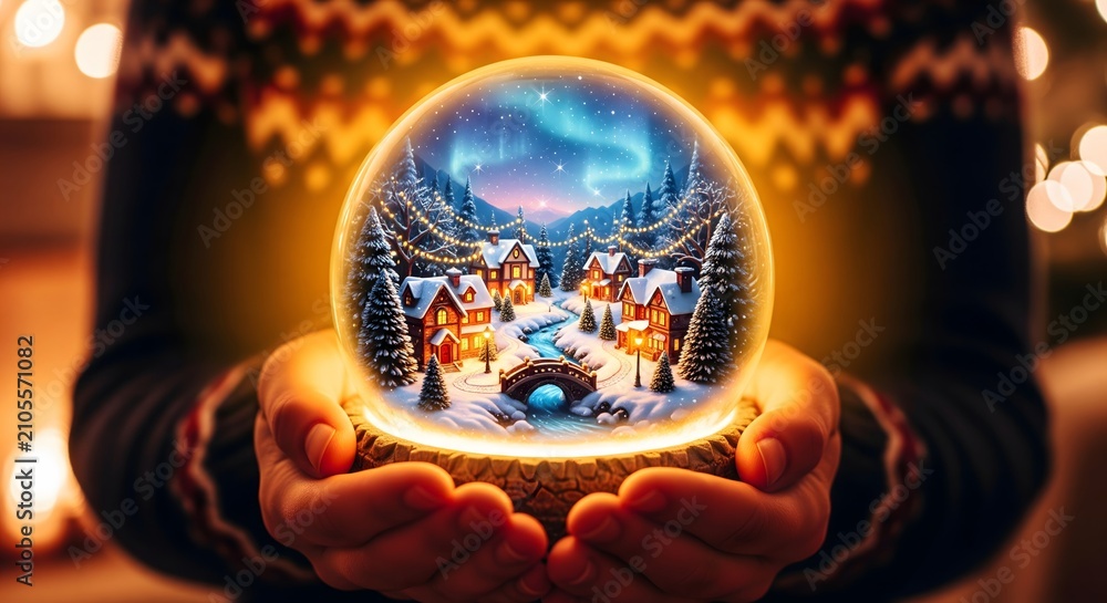 Fototapeta premium A person holding a glowing magical Christmas snowglobe featuring a winter village under beautiful northern lights, surrounded by warm holiday bokeh background light.