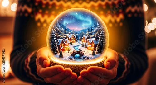 A person holding a glowing magical Christmas snowglobe featuring a winter village under beautiful northern lights, surrounded by warm holiday bokeh background light.