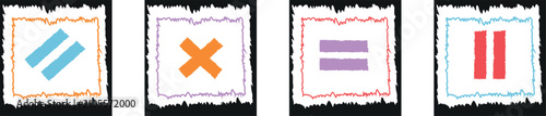 Foto A collection of four distinct geometric icons including equal signs and multiplication symbols each encased in a decorative torn paper edge square frame with vibrant colors on a black background