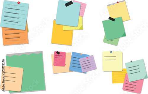 Colorful sticky paper bundle collection isolated on transparent background office school supplies
