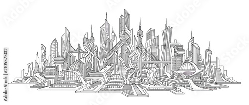 Fotografía Futuristic city skyline drawing, modern architecture, clean lines
