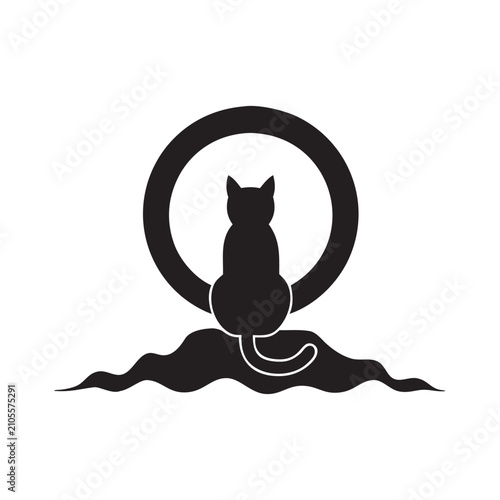 Black Cat Silhouette Sitting Before Full Moon Minimalist Black and White Vector Illustration